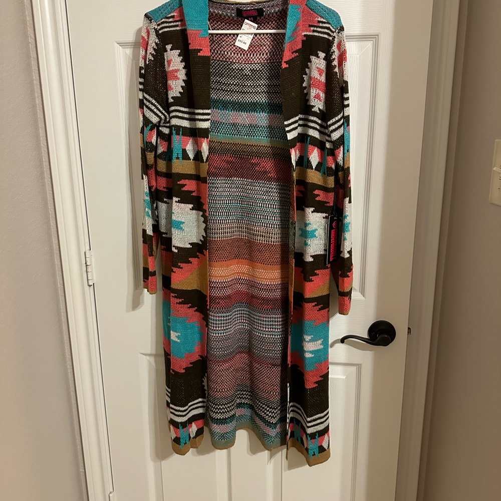 Rock & Roll Cowgirl Aztec Print long cardigan with hoodie - Picture 3 of 6